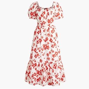 J. Crew Floral Puff Sleeve Tiered Red and White Square Neck Midi Dress Size 0